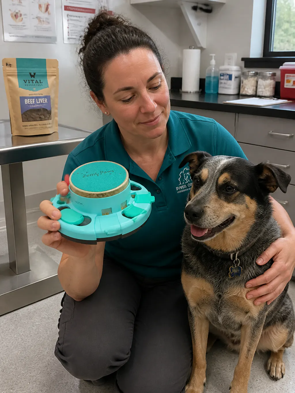 A veterinarian holding the ScratchPaw board beside a calm dog