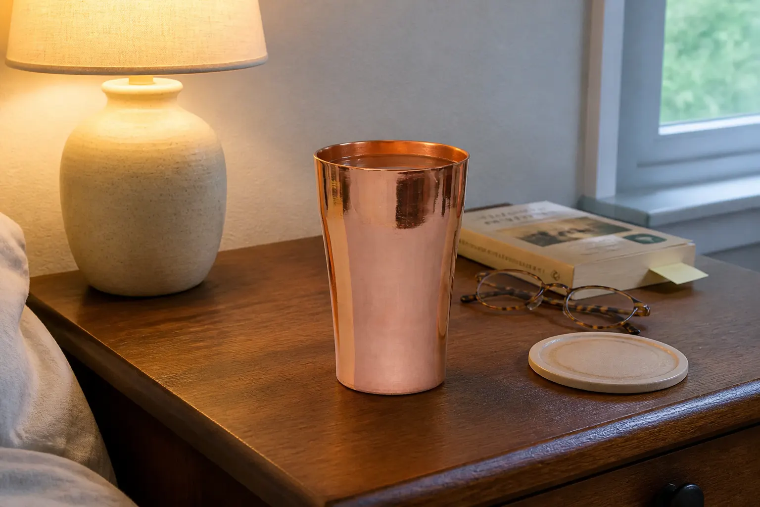 Handcrafted copper cup with water in a calm morning setting