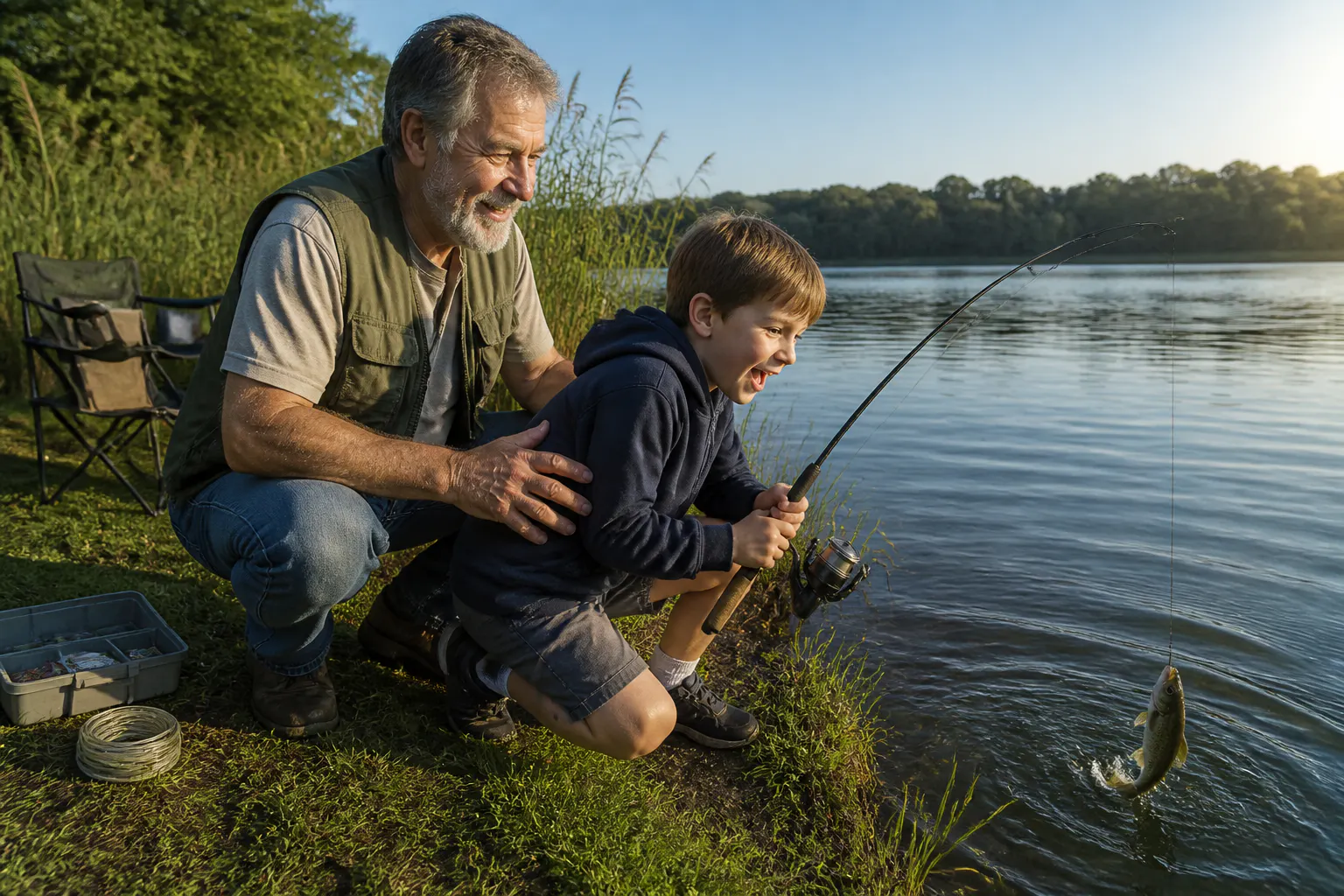 A parent and child fishing side by side at the shoreline, the kid proudly holding a fish