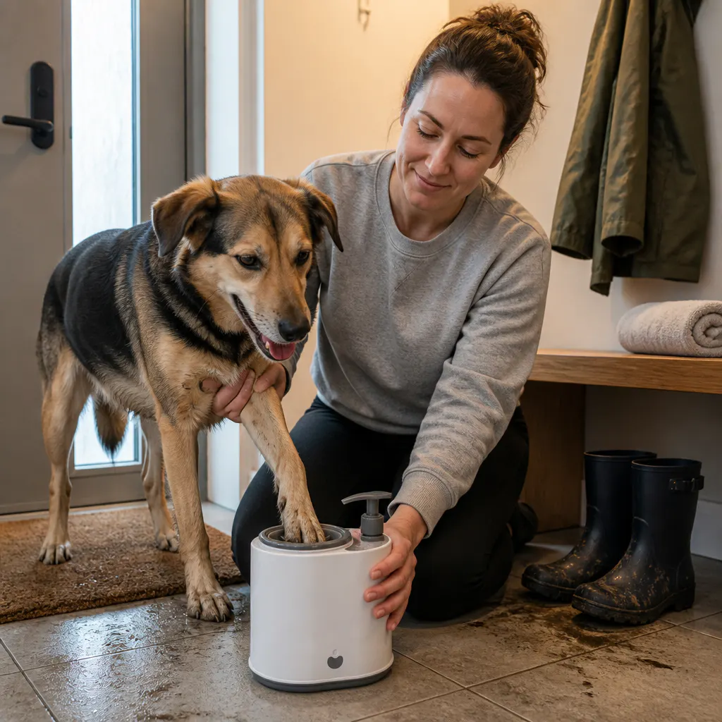 A muddy dog paw being cleaned in the PawWash cup