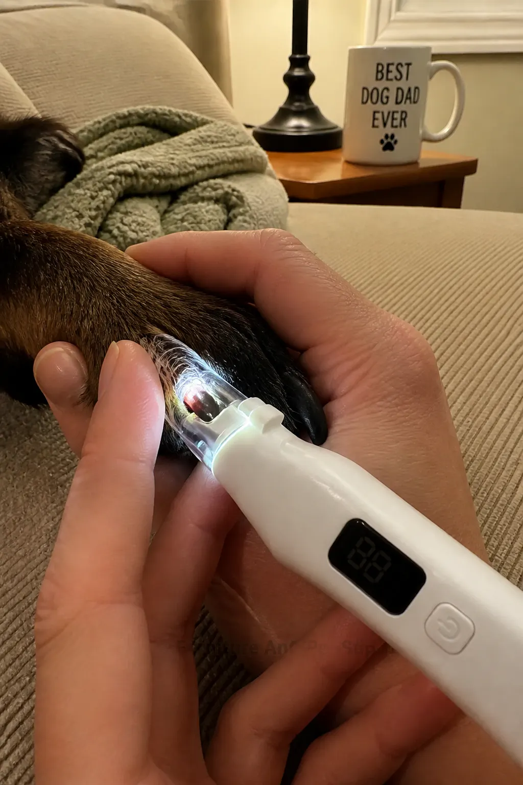 LED light revealing the quick through a dark dog nail
