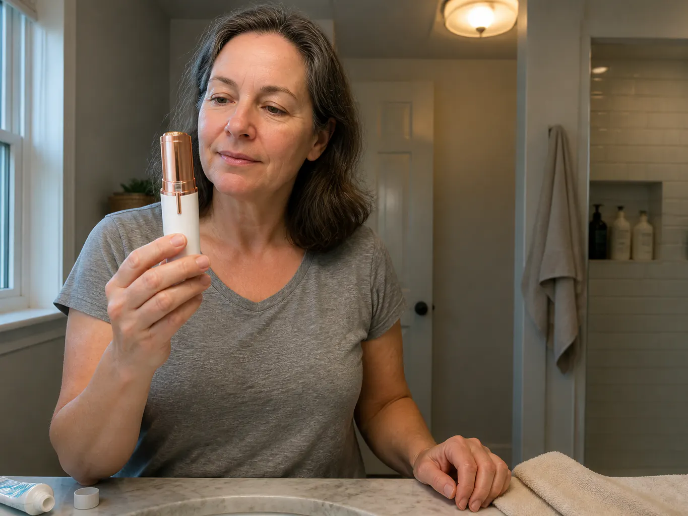 Hand holding the lit trimmer in a vertical grip at a bathroom mirror