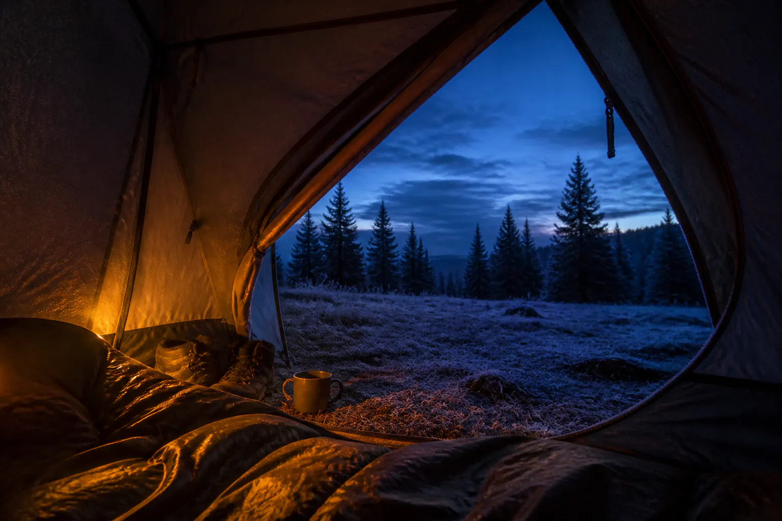 Ventra heater glowing amber at a tent door on a freezing night