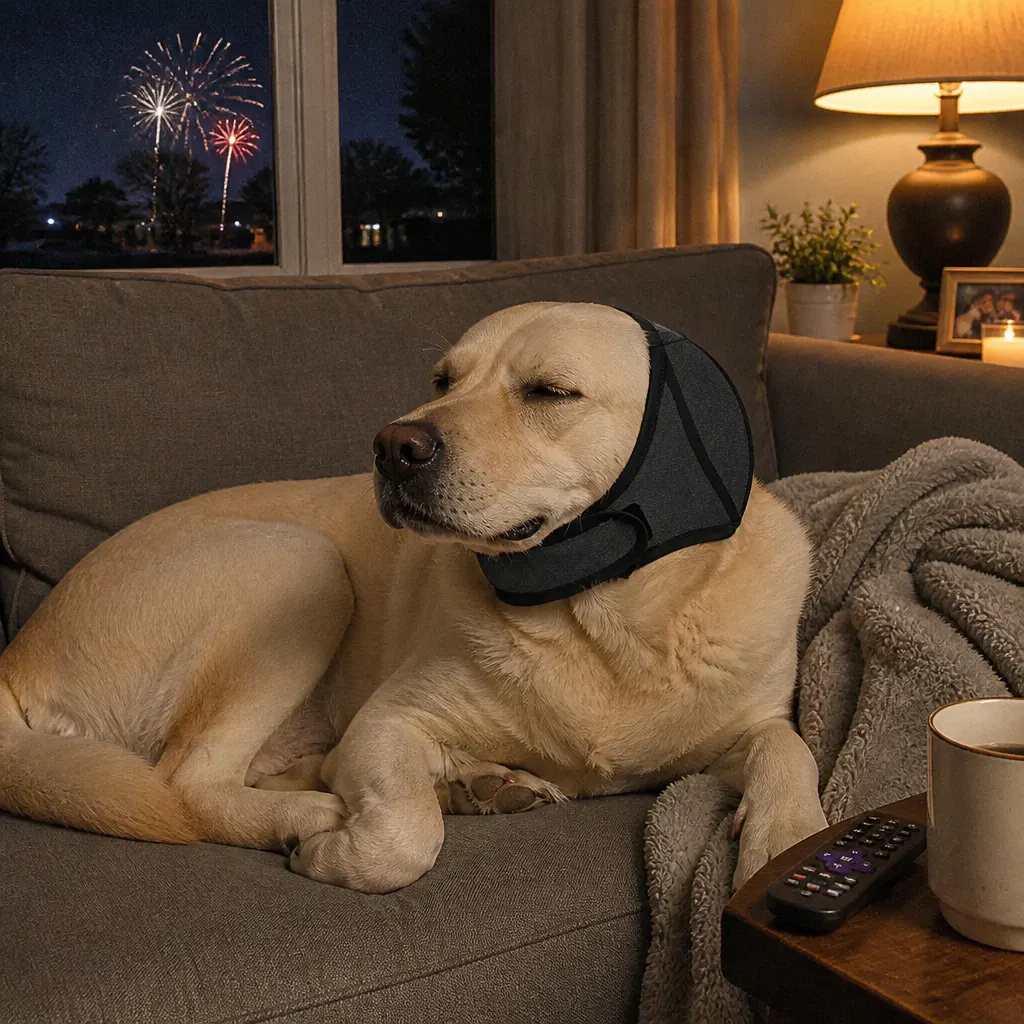 Dog calm in padded ear muffs while fireworks glow outside