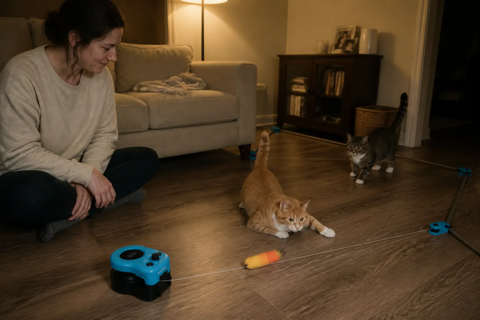 Luna & Oliver, multi-cat home's cat with the chase toy