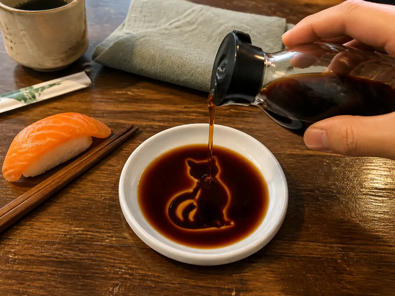 The Hidden Cat Sauce Dish mid-pour, the embossed cat emerging in the sauce