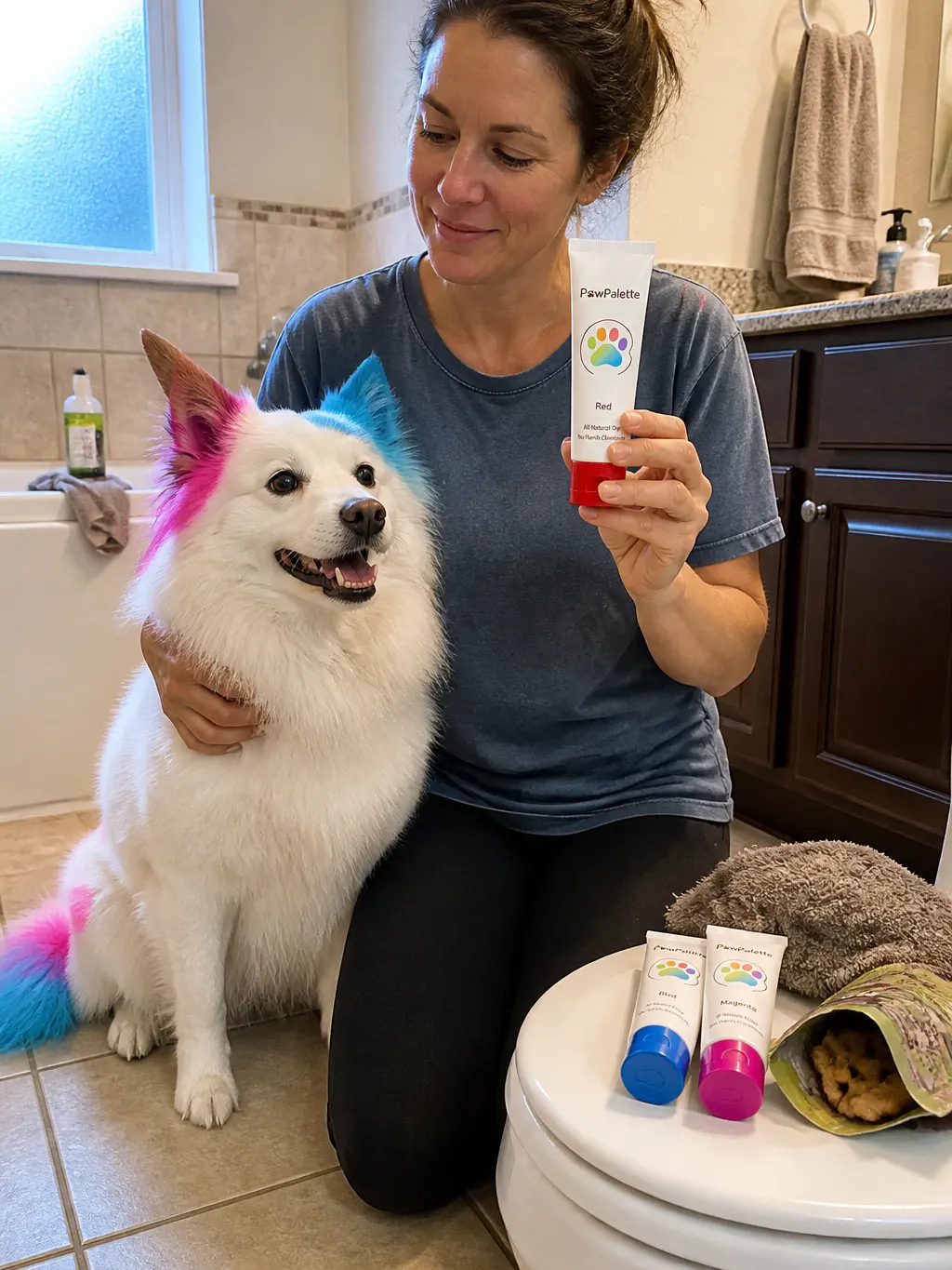 A relaxed dog with freshly colored fur beside the six PawTint tubes