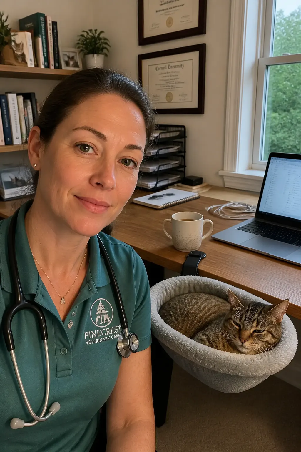 A veterinarian holding a cat beside the DeskNest