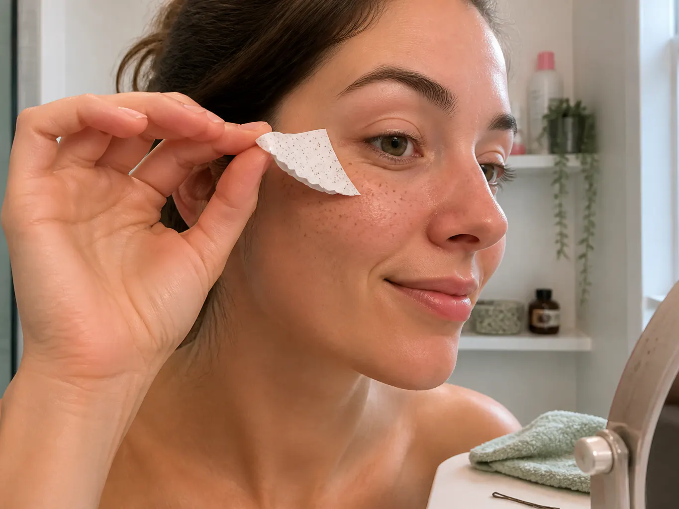 Backing paper being peeled away leaving freckles transferred onto the cheek
