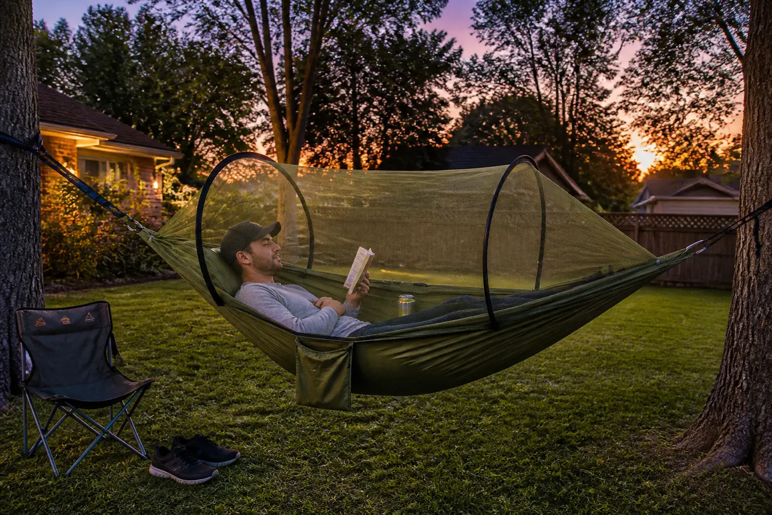 Relaxing in a bug-free hammock under the trees at dusk