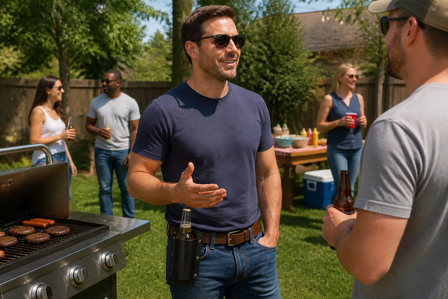 Man wearing leather bottle holster outdoors