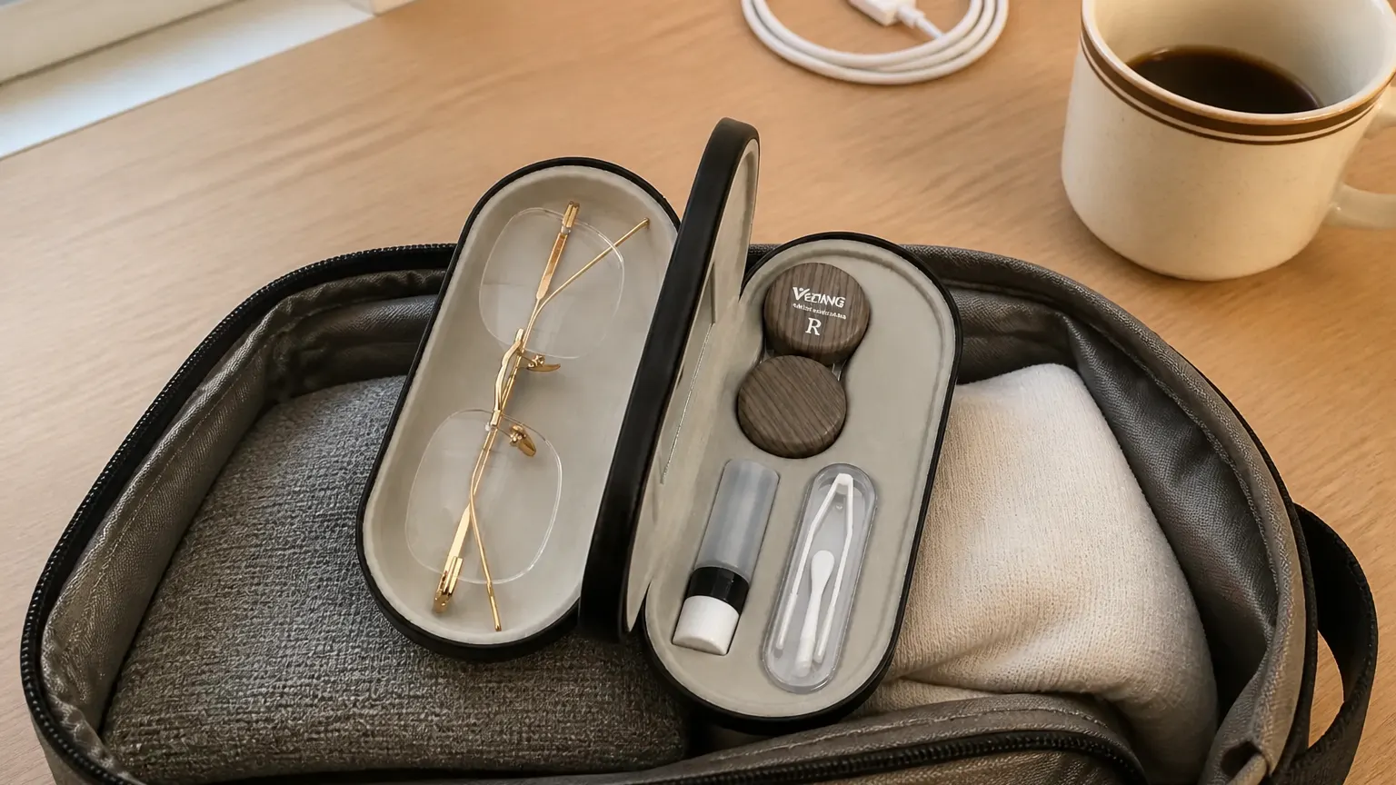 Open DuoCase with glasses and contact station