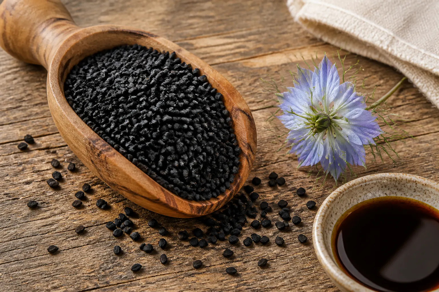 Nigella sativa black seeds and oil drop macro