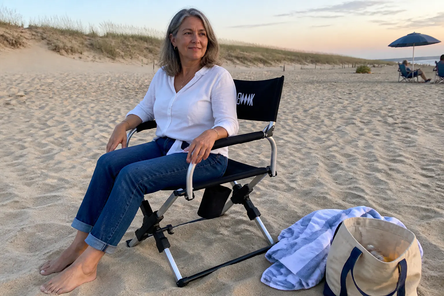 Dana R. using the chair outdoors