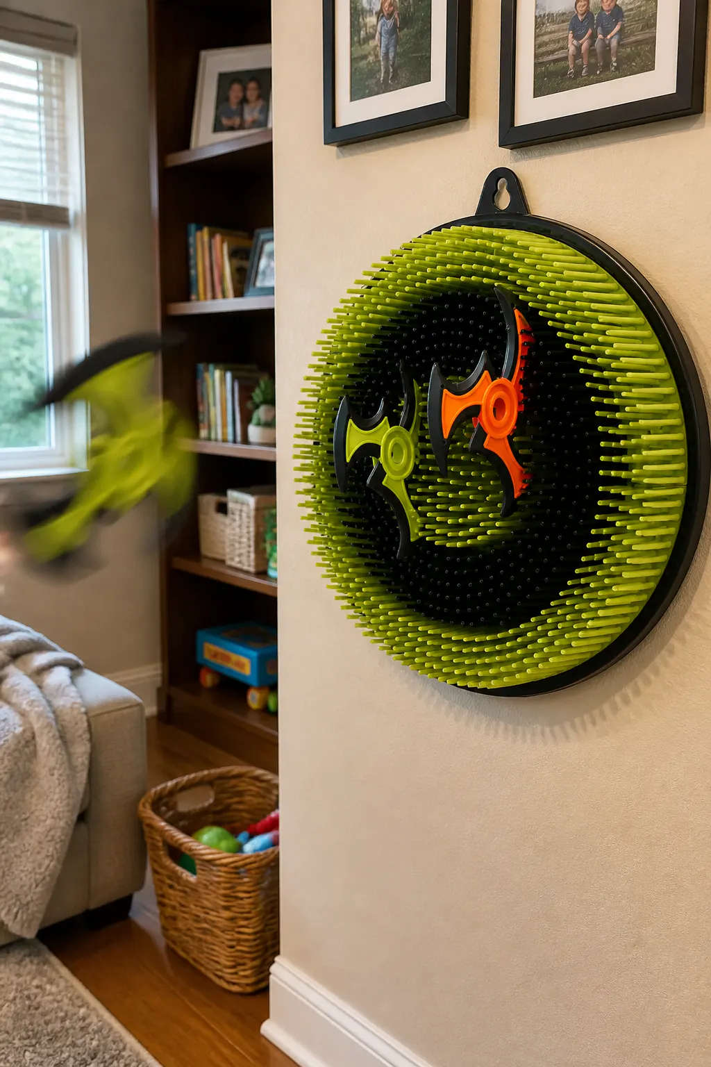 Foam axe head caught in the bristle target