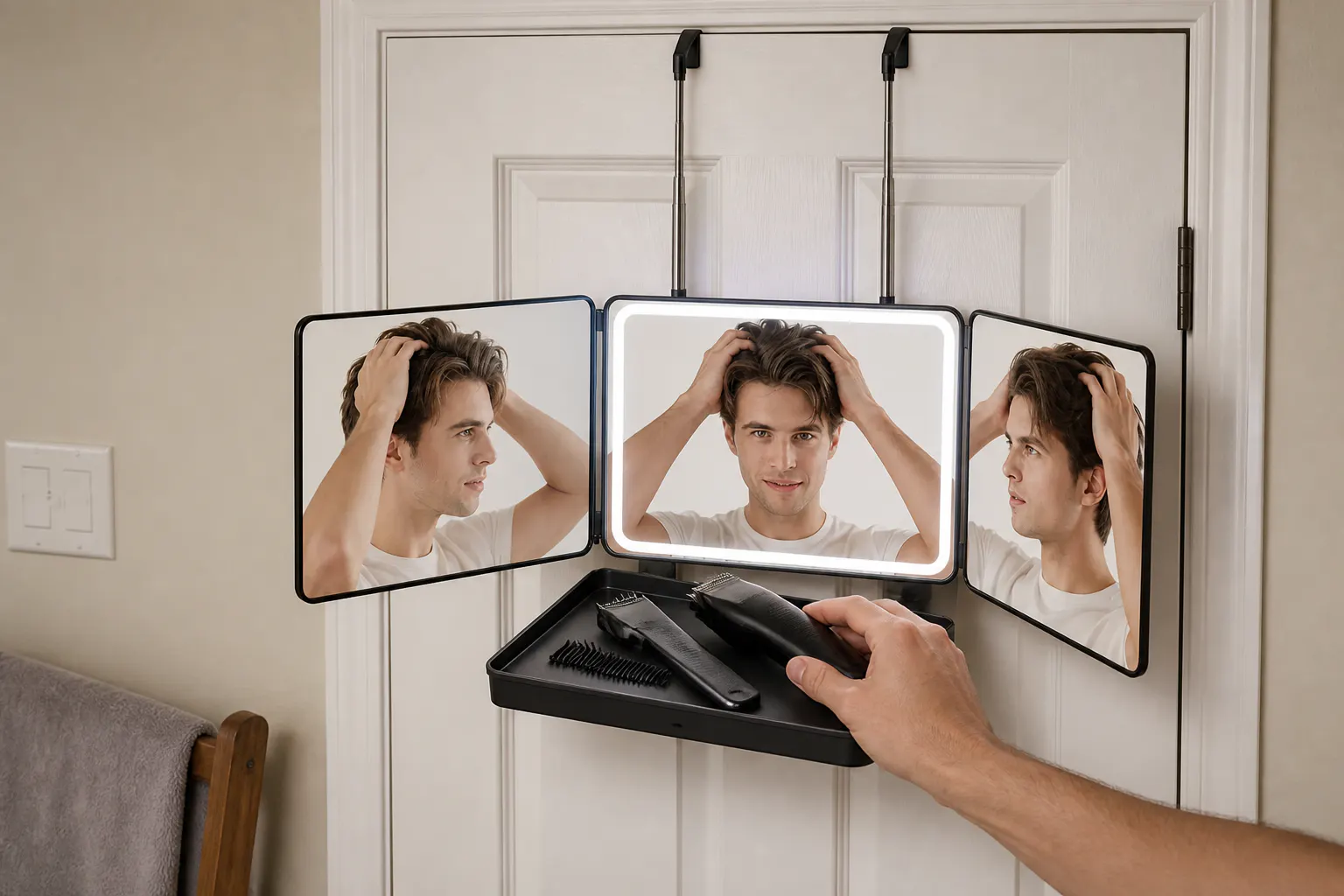 The lit Ventra grooming setup hanging on a door in a dark room