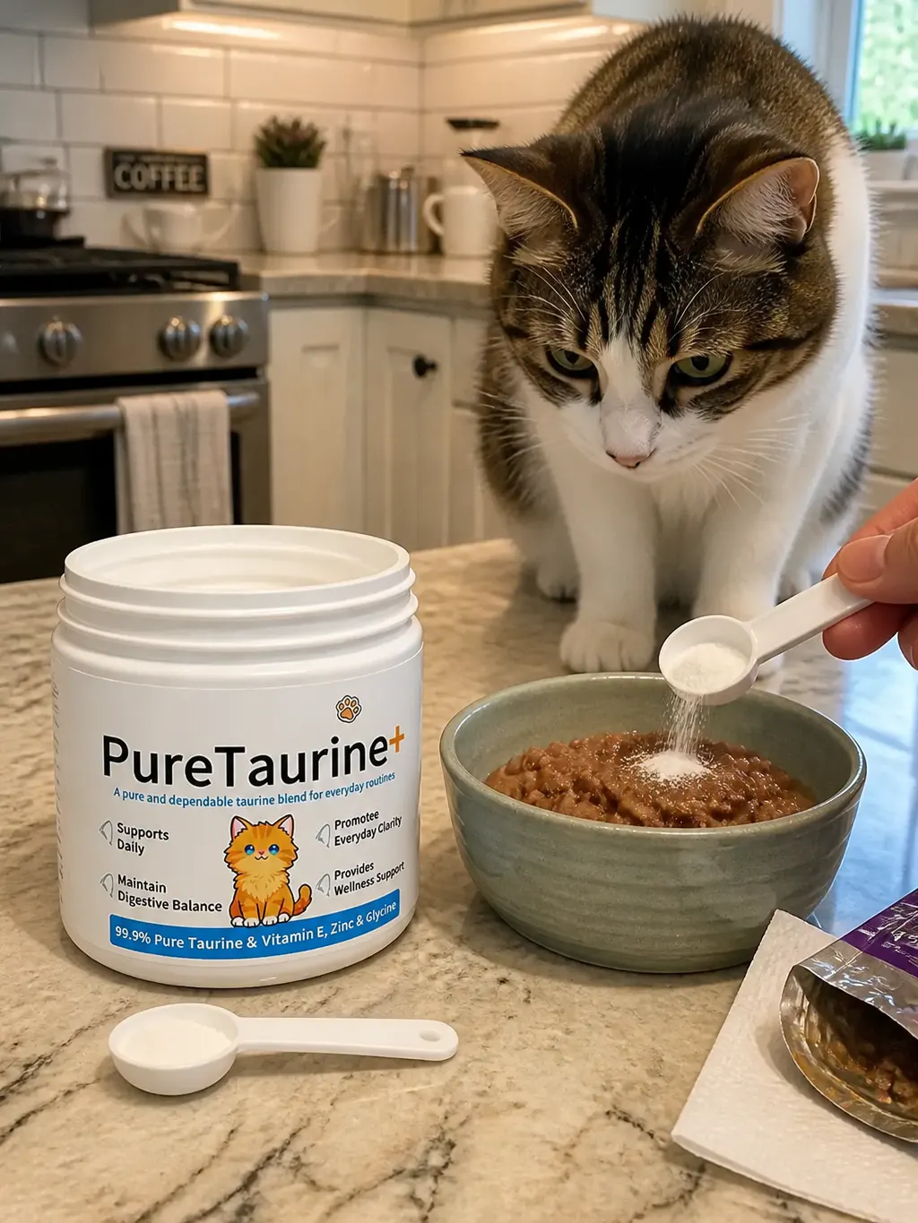 Taurine powder sprinkled over cat food