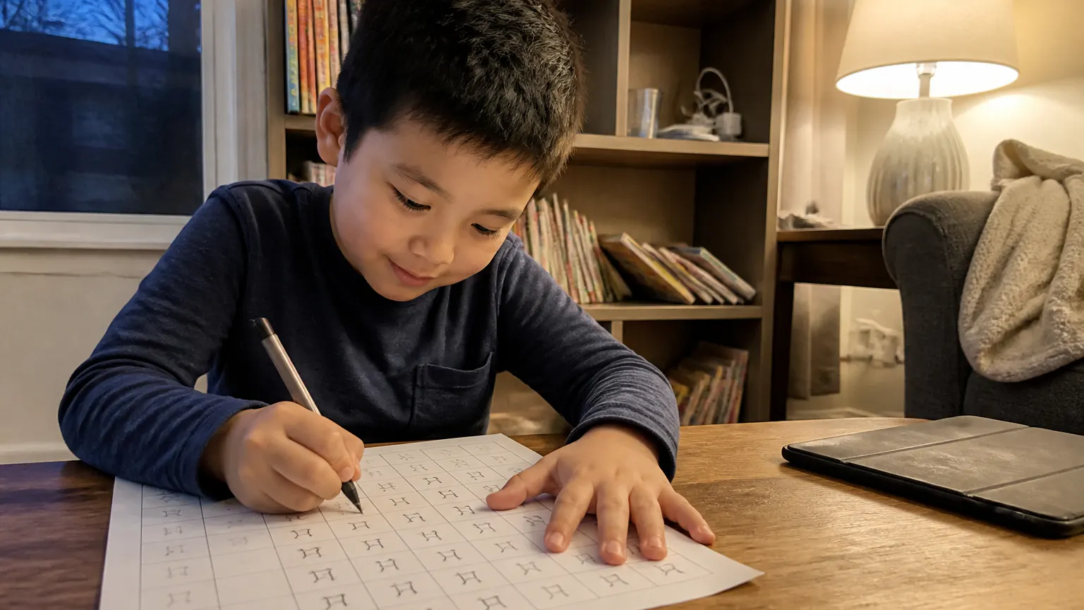 A child happily re-doing the same practice page, calm and focused