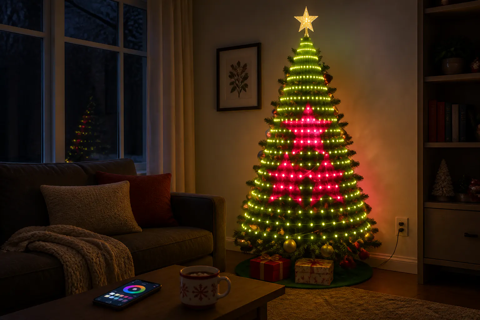 A Christmas tree draped with the waterfall drape, lit for the first time in a dark living room