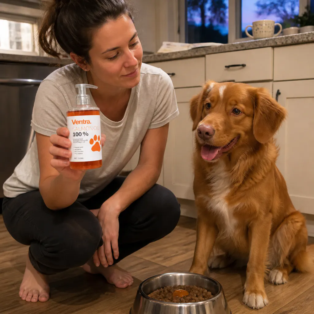 WildCoat salmon oil bottle beside a happy dog