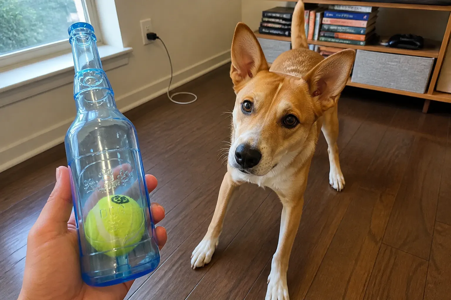 Dog perking up at the squeak of the bottle toy