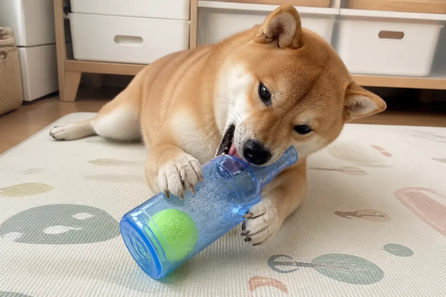Dog focused on getting the ball out of the bottle