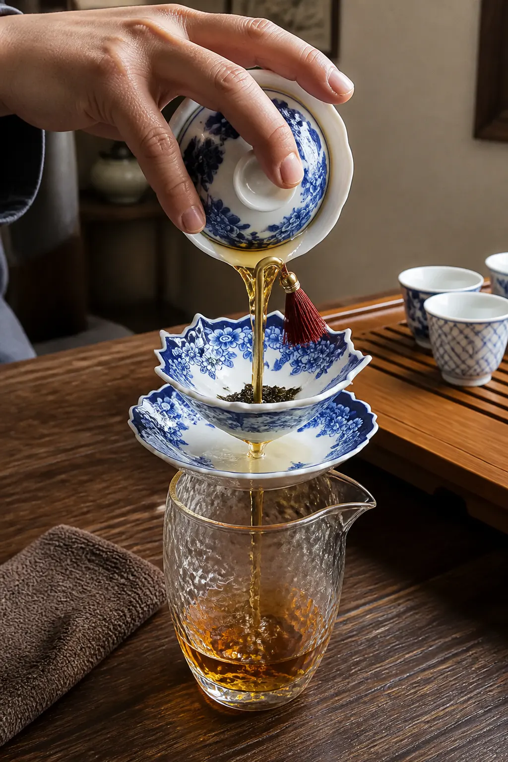 Hand-painted blue and white porcelain umbrella tea strainer mid-pour over a glass pitcher