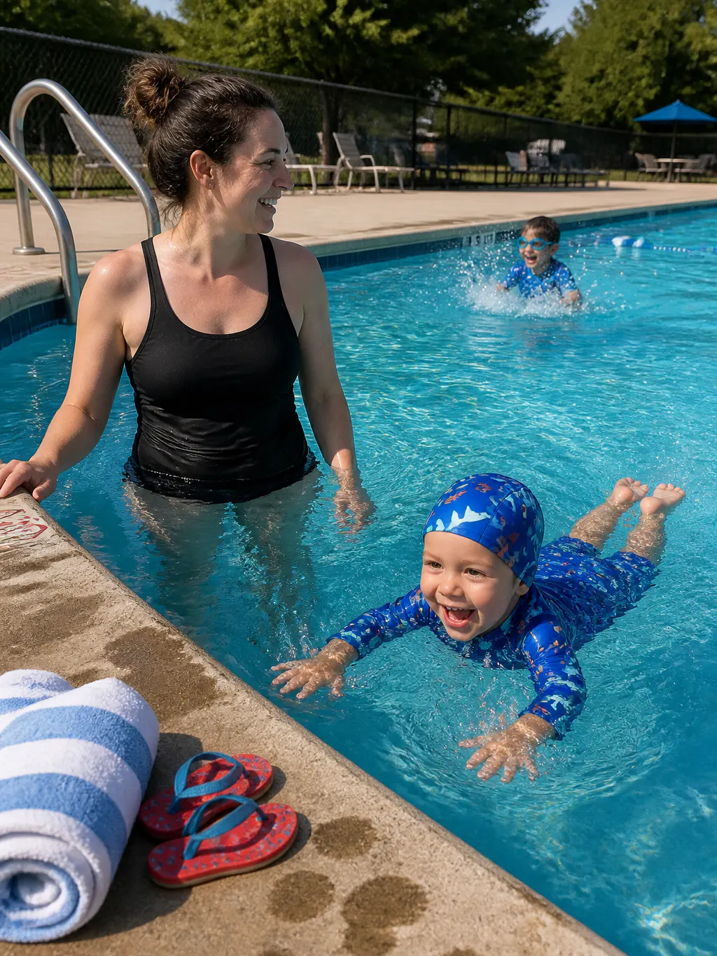 Parent standing relaxed at arm's reach while her child paddles unaided
