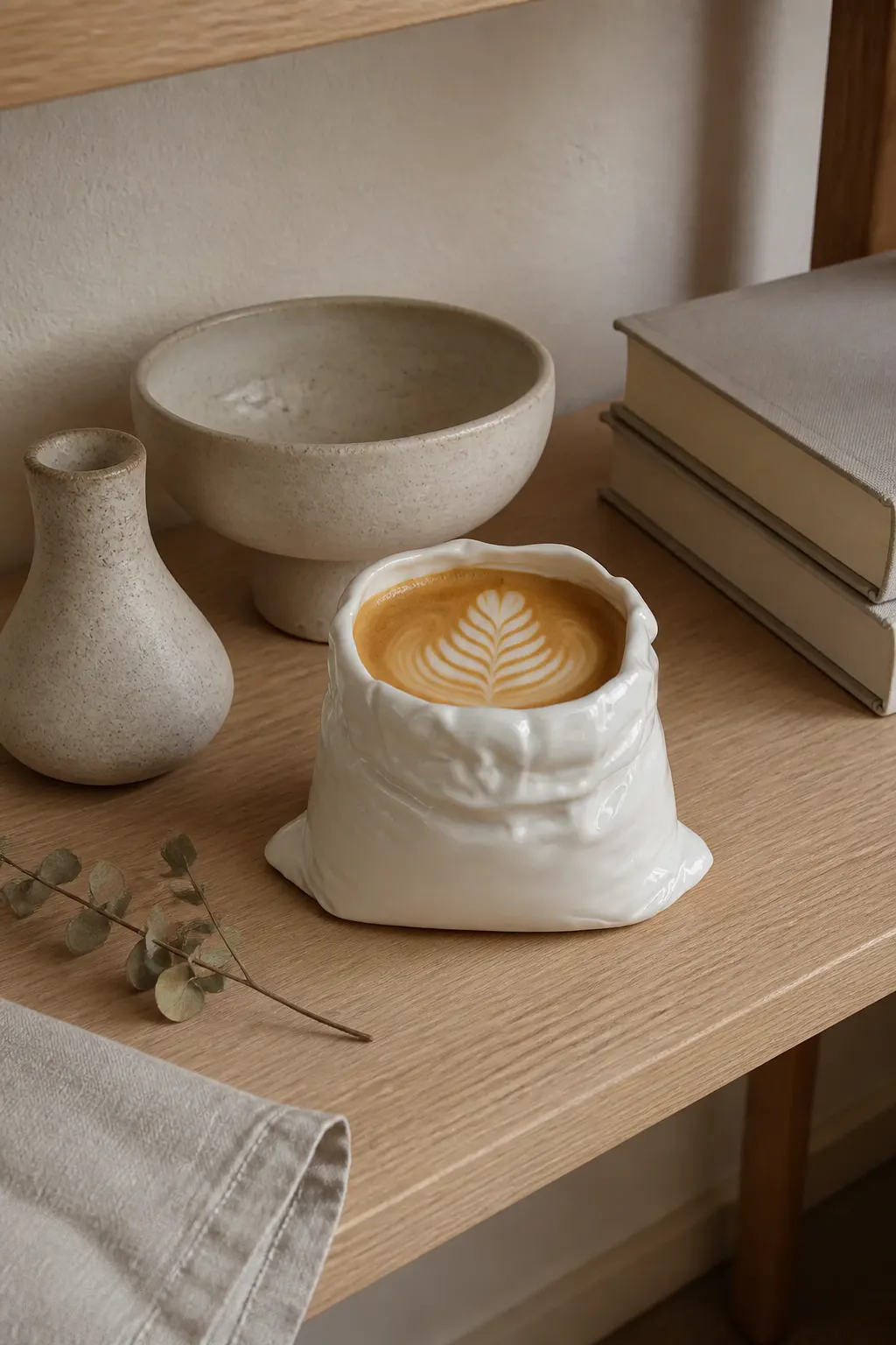 Ceramic cloth-sack sculpted mug on a bone-toned shelf