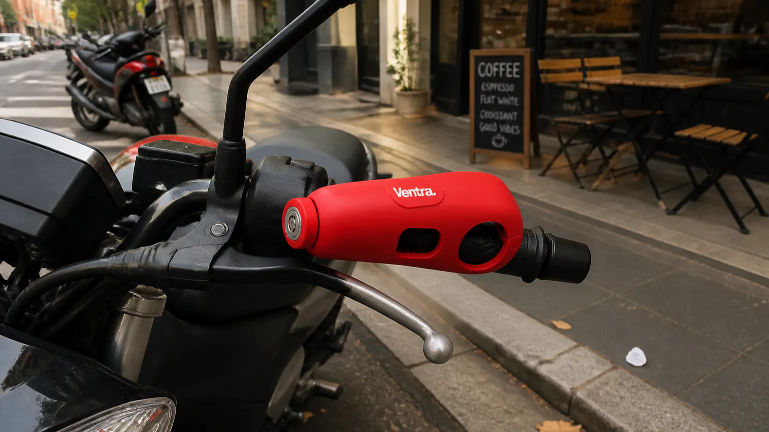 Ventra handlebar alarm lock clamped to a parked motorcycle at night
