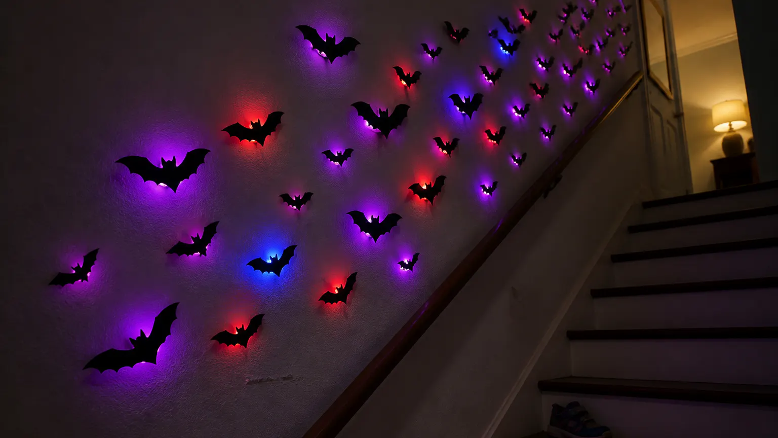 A staircase wall covered in a swarm of glowing 3D bats at night
