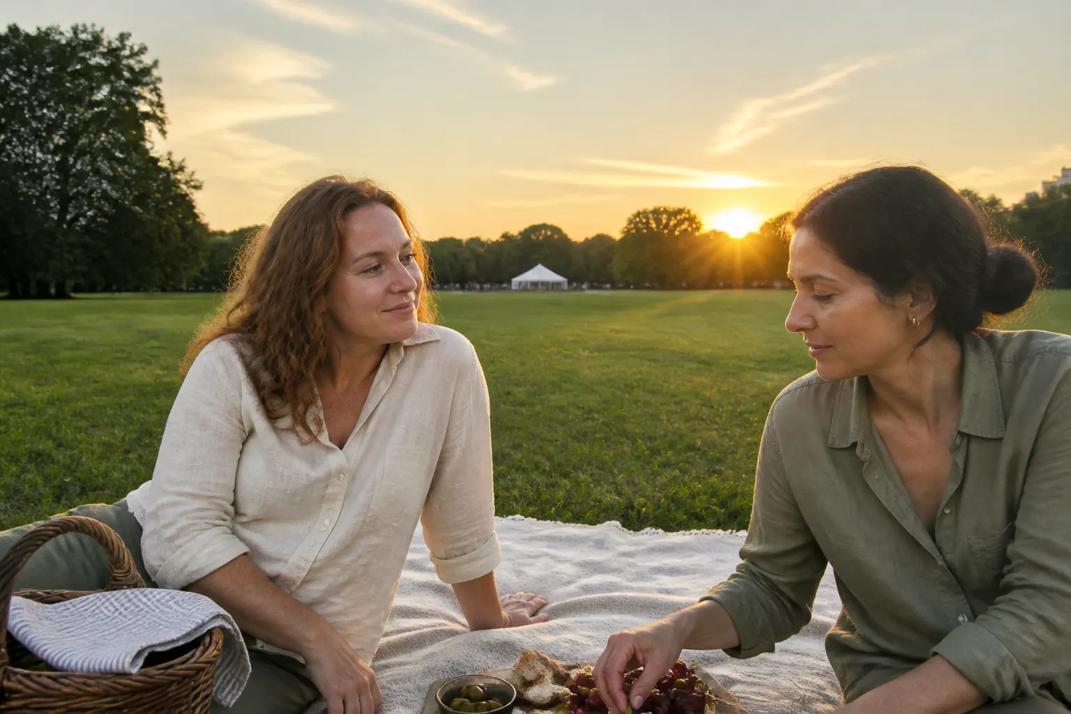 A dusk beach picnic with Ventra staked in the sand holding wine