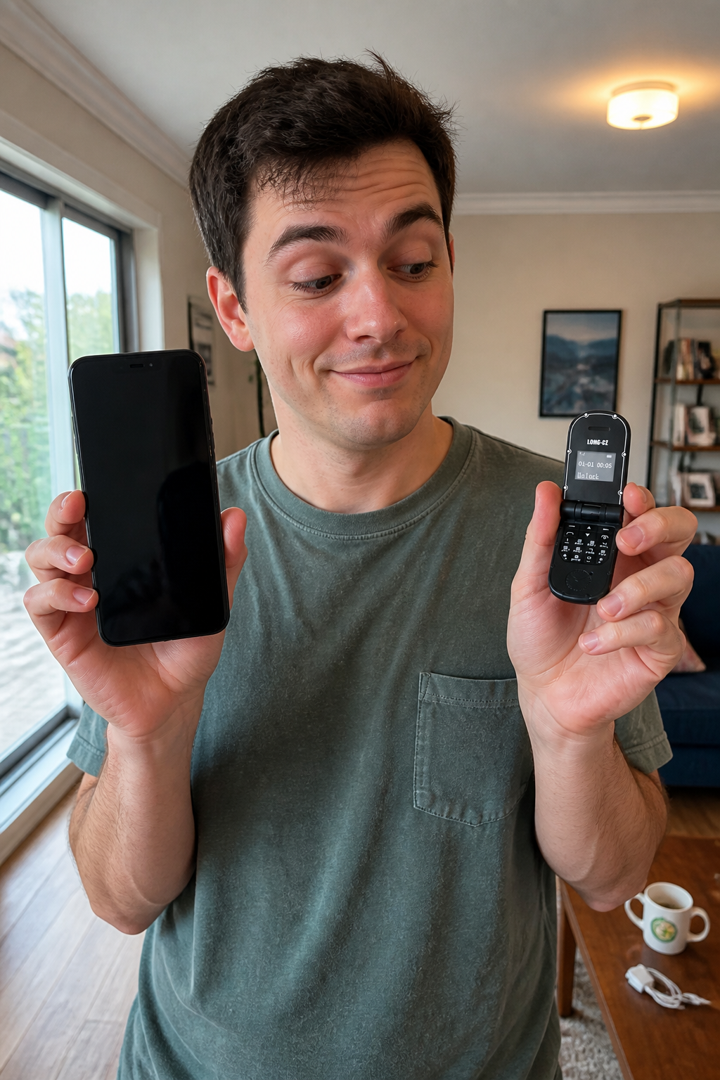 Ventra ultra-mini flip phone held in a palm beside a full-size smartphone for scale