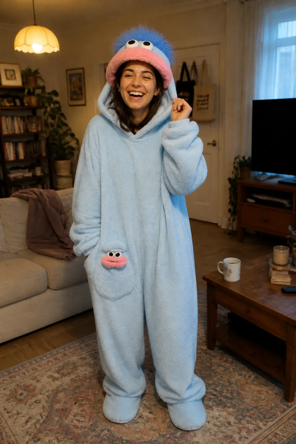 Person laughing in a big-mouth monster onesie with the hood flipped up