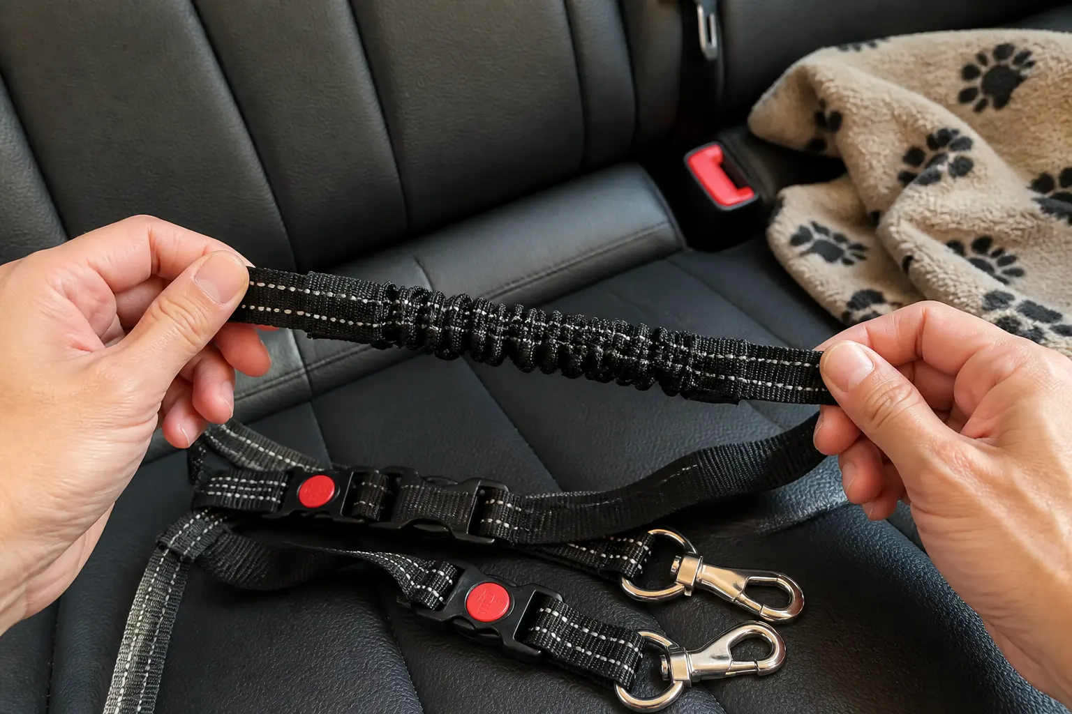 Elastic anti-shock bungee stretching taut under a braking jolt