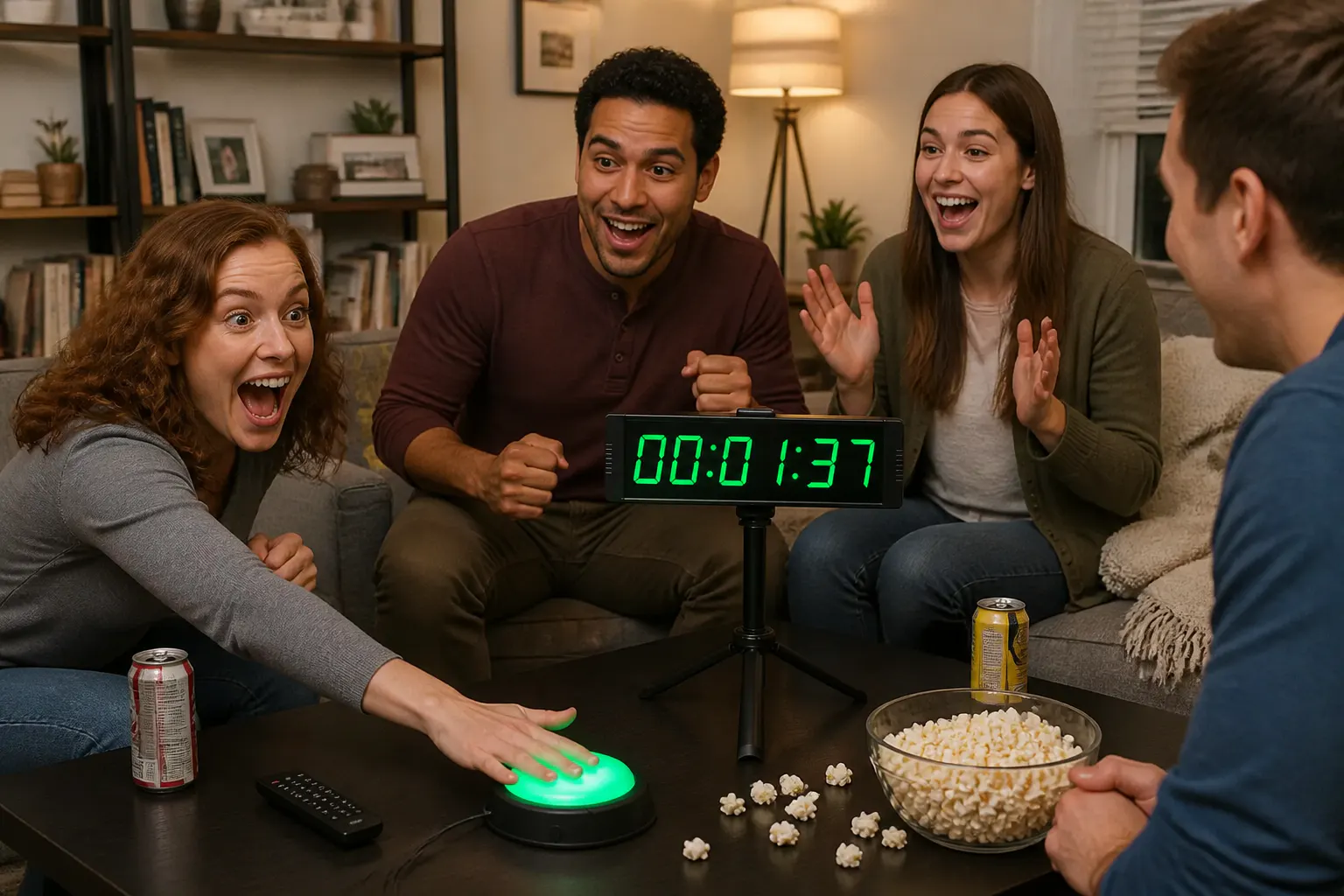 A room full of friends reacting to the glowing timer at a party