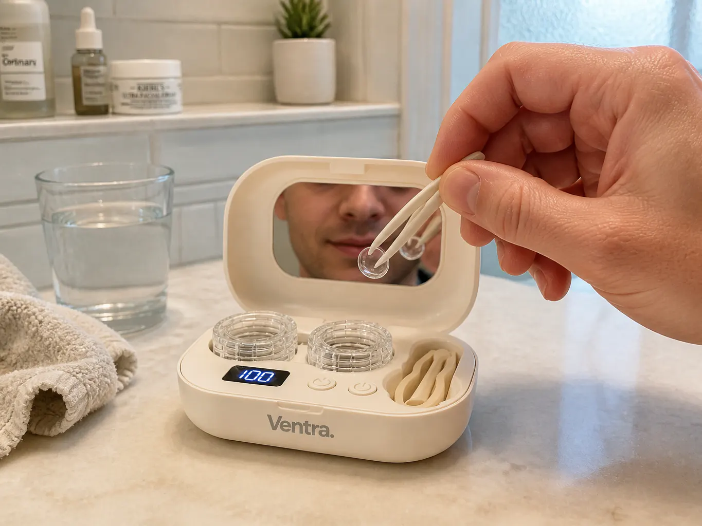 Lid open showing the mirror, hand inserting a lens