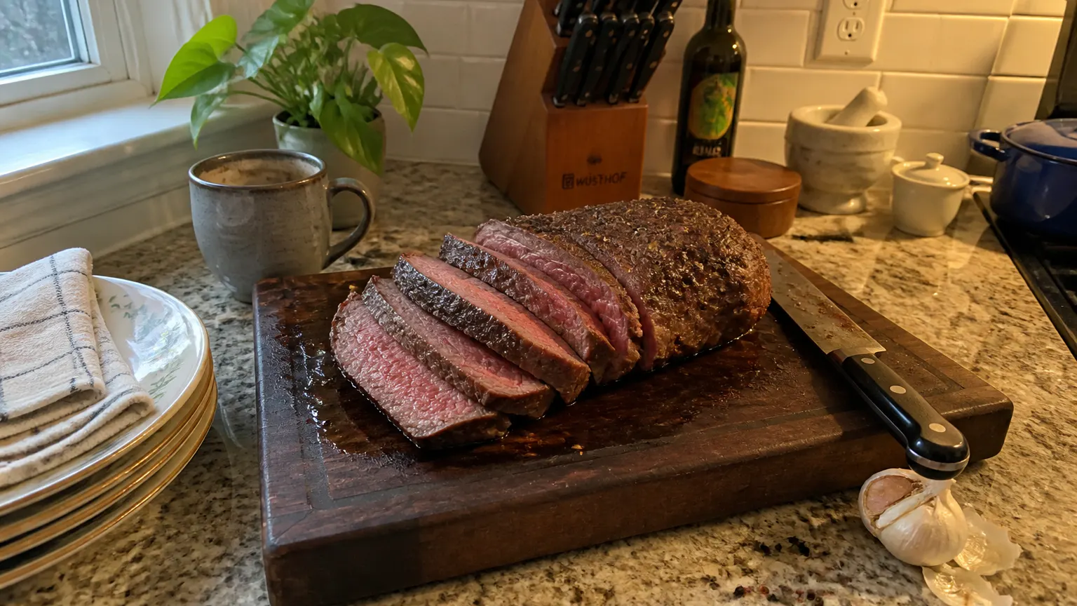 Cooked chuck steak sliced open on a dark butcher block