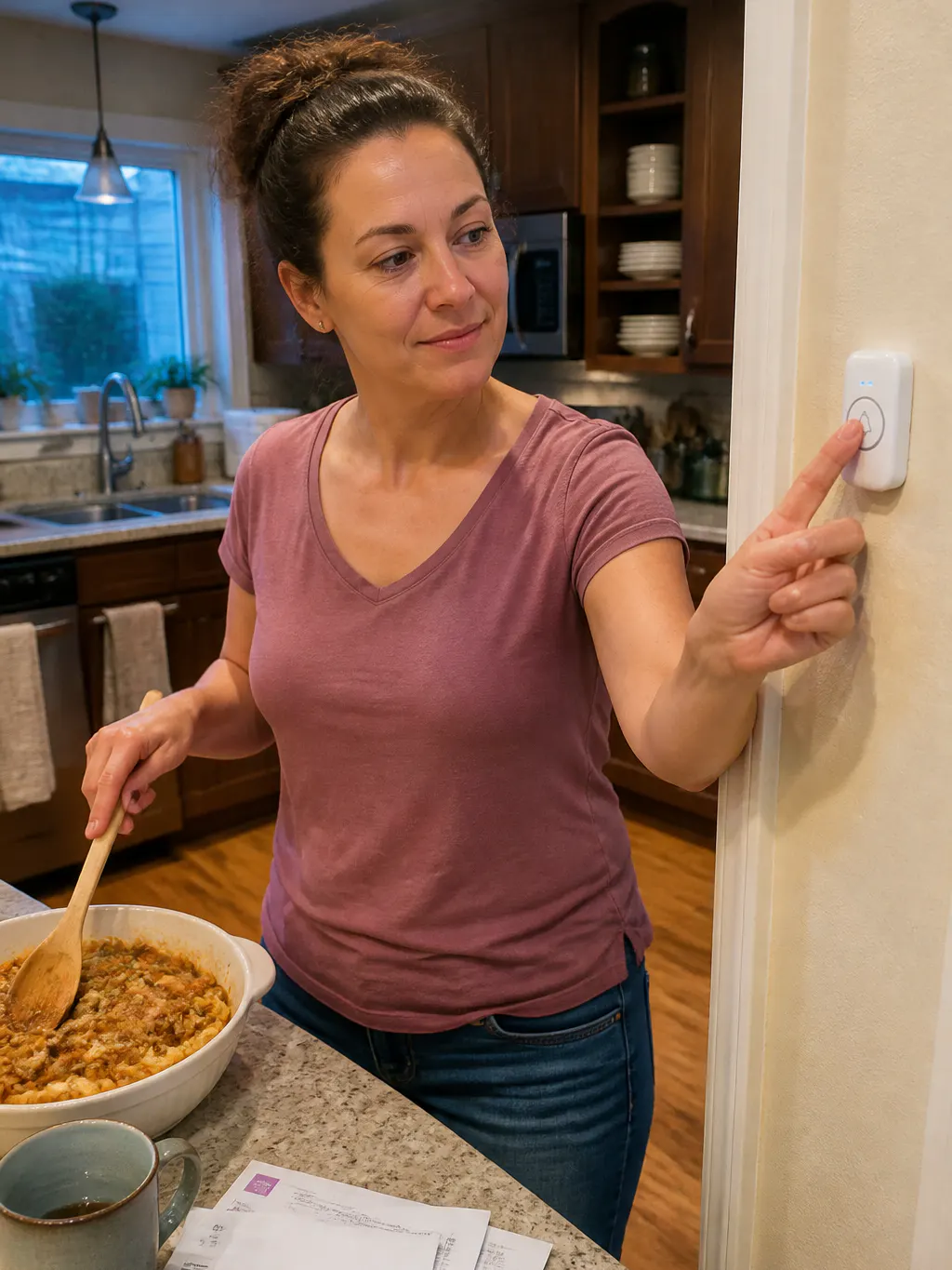 A parent pressing the wall button in the kitchen while dinner is plated up