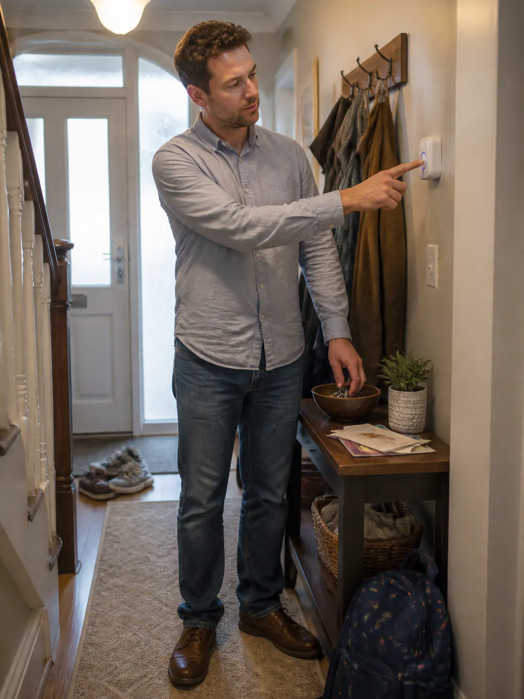 A parent by the hallway coat rack pressing the button, bags packed by the door
