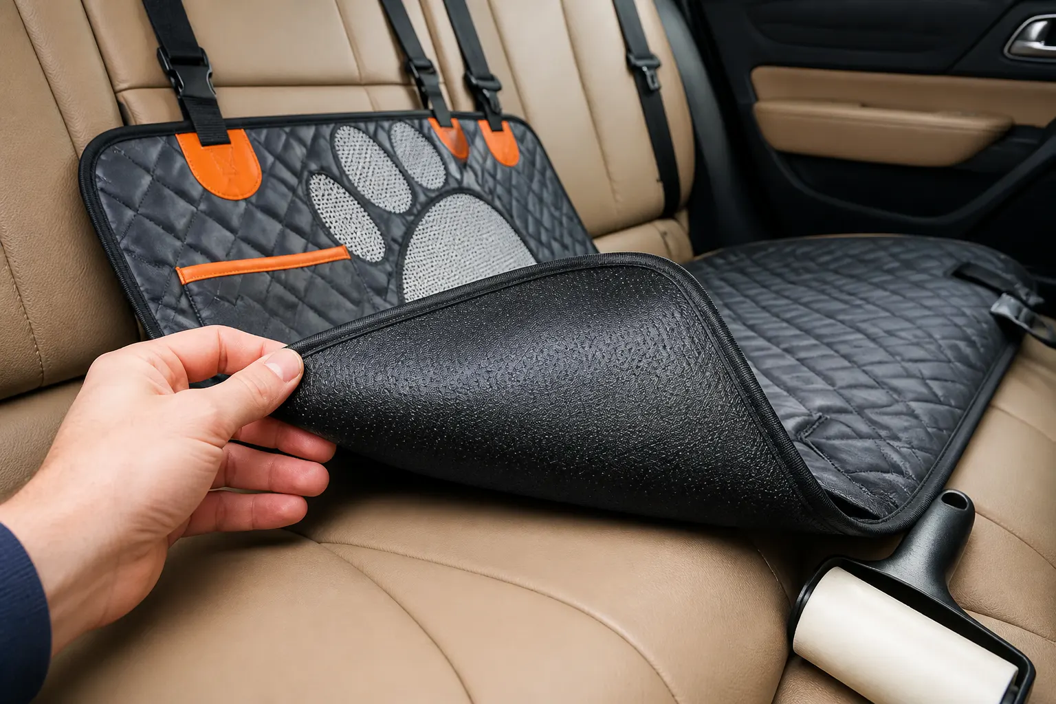 Non-slip rubber-textured backing gripping the car upholstery