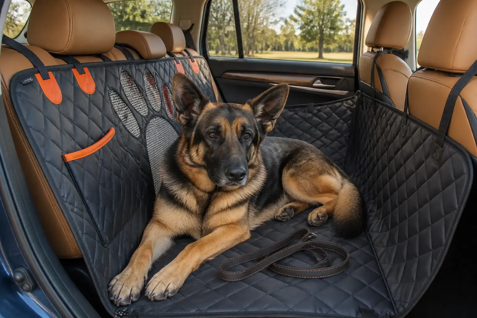 A dog lying calmly and stable on the quilted cover surface