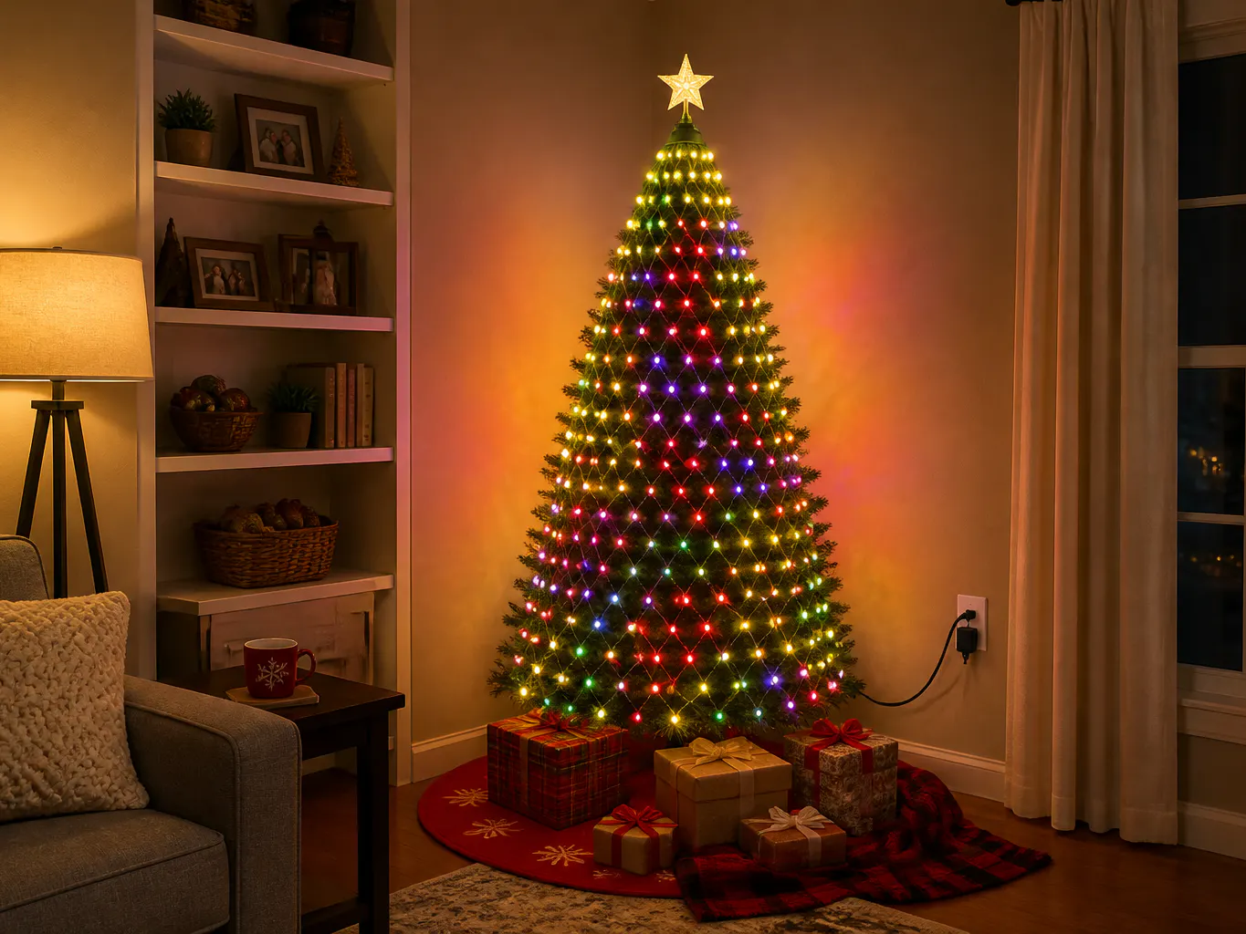 The drape on a smaller tree in an evening living room