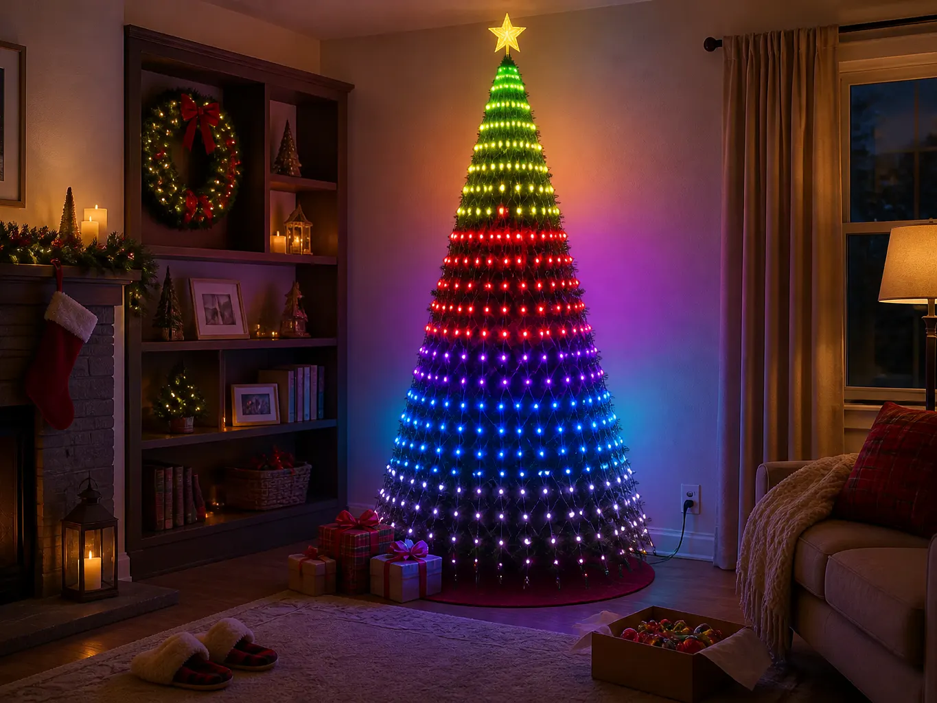 The drape on a taller tree in the same evening living room