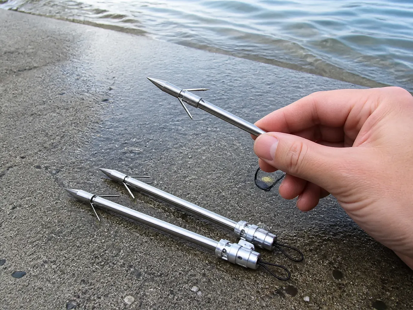 Close-up of stainless steel barbed arrow shafts