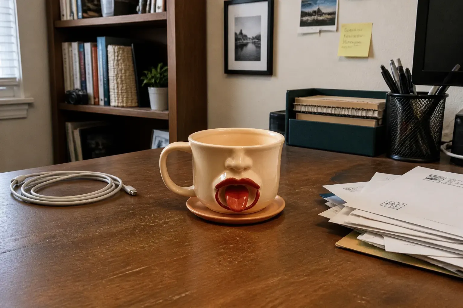 Face mug styled on an eclectic desk