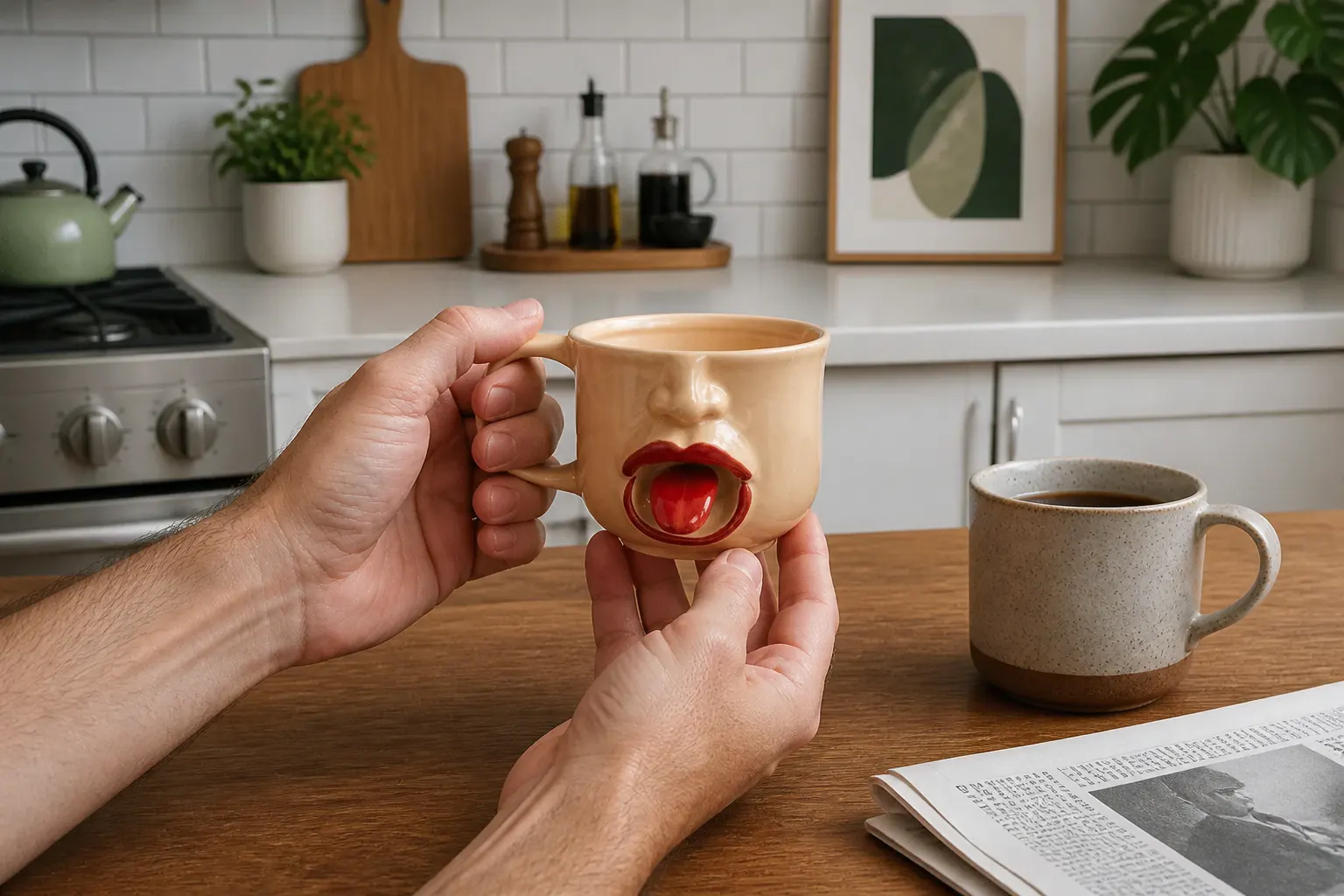 Face mug styled on an eclectic desk