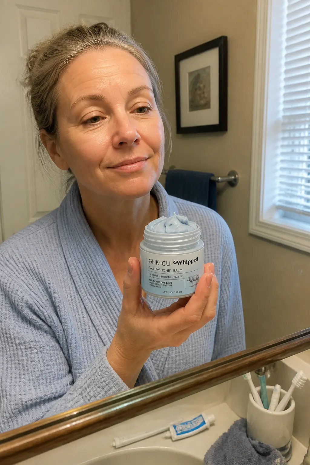 Whipped blue copper peptide balm melting into skin