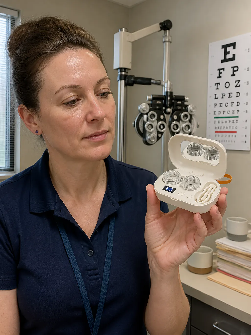 Optometry professional in a consulting room presenting the Ventra lens cleaner