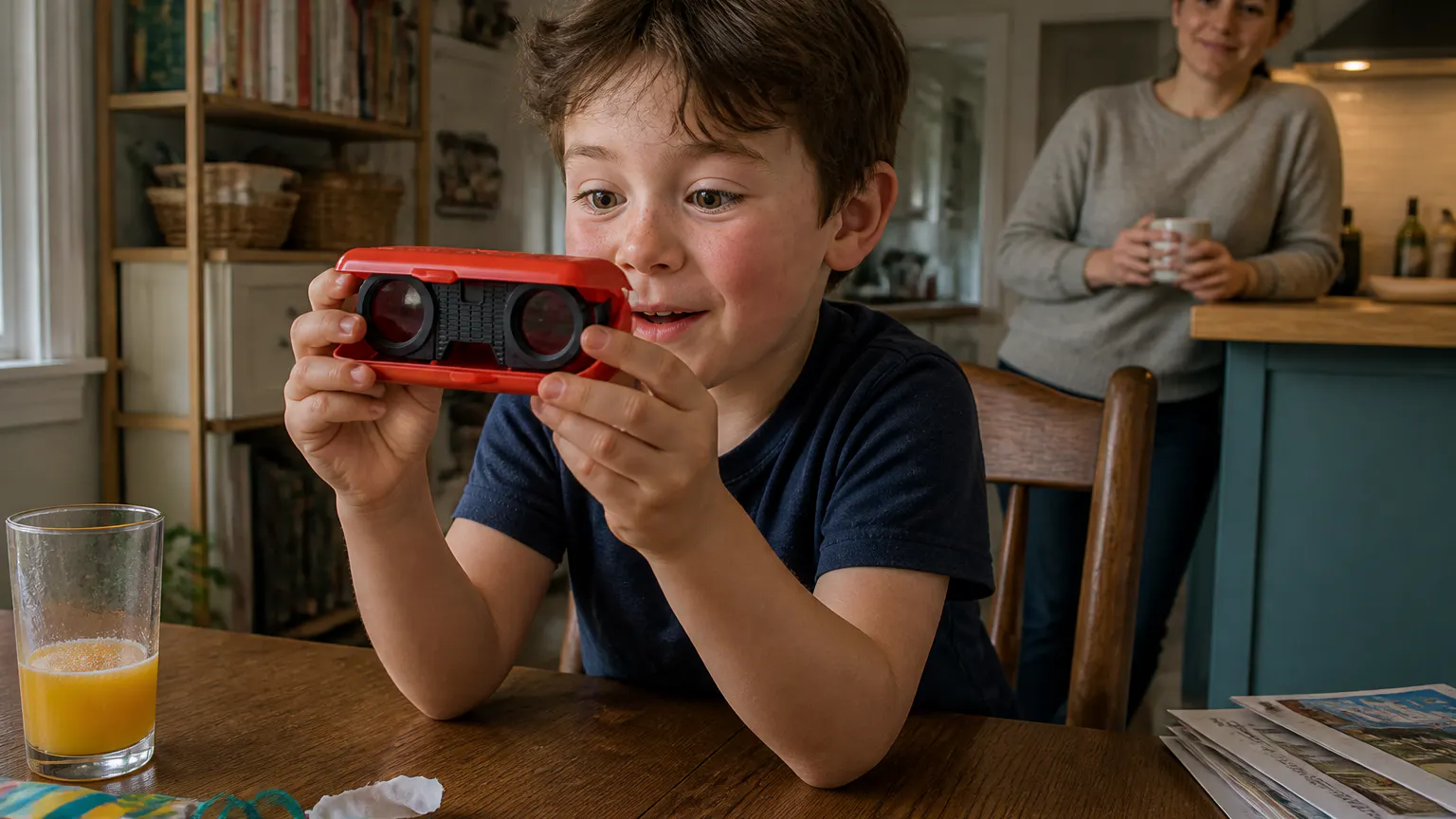 A child at the same kitchen table with the binoculars raised to their eyes, the open case beside them